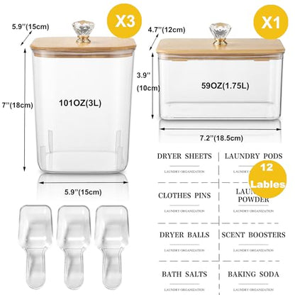 4 Pack Clear Laundry Pods Container & Dryer Sheet Holder Set with Lid, Laundry Containers with Scoops & Labels, Laundry Room Organization and Storage for Laundry Detergent, Pods, Powder, Beads - color: 4 Pack with Printed Labels