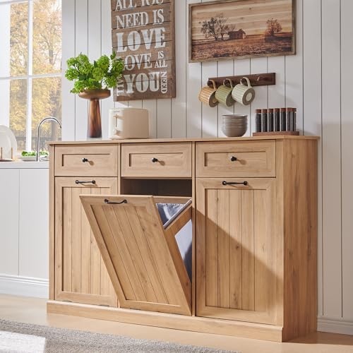 IFBUY Triple Tilt Out Laundry Hamper Cabinet, 20 Gallon Farmhouse Trash Can Cabinet w/Drawer & Adjustable Shelf, Hidden Garbage Can Bin Cabinets w/Laundry Basket for Bathroom, Kitchen (Natural) - color: Natural, size: Triple