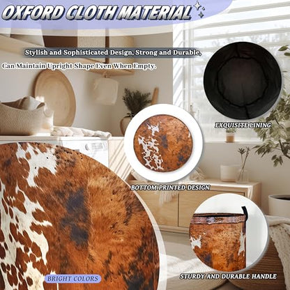Brown Cow Skin Laundry Basket Foldable Hamper 18.9"x16.5" - color: Brown Retro Cows Skin Pattern