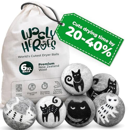 Chemical Free & Baby Safe! Reusable Wool Dryer Balls XL 6-Pack - Reduces Static, Cuts Dry Time, & Softens Naturally - color: Kitty & Friends