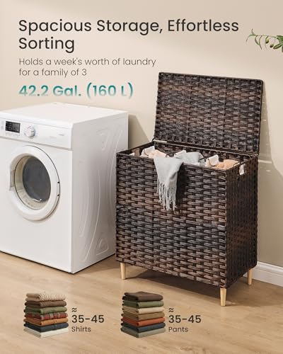 SONGMICS 3-Section Laundry Hamper with Lid, PE Rattan, 42 Gallons (160 L) - color: Chestnut Brown, size: 160 L (3 Basket)