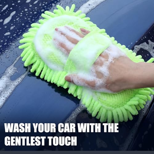 3 Pack Chenille Premium Scratch-Free Microfiber Car Wash Sponges, Non-Scratch Car Cleaning Wash Mitt, Ultra-Soft Glove, Swirl-Free Finish, Safe for Trucks, Suvs(Lime Green) - color: Lime Green