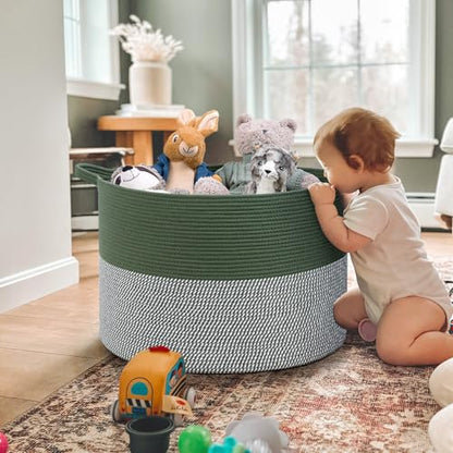 INDRESSME 115L Extra Large Woven Rope Blanket Basket Living Room Green - color: Green & White, size: 23.6"D x 15.7"H
