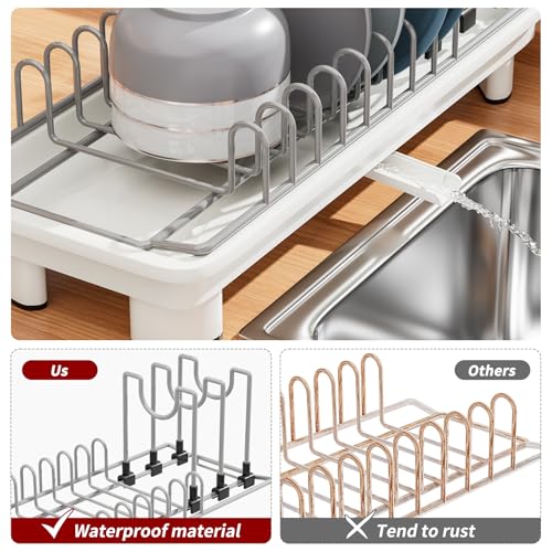 Small Dish Drying Rack, Stainless Steel with Drain Board & Utensil Holder - color: White