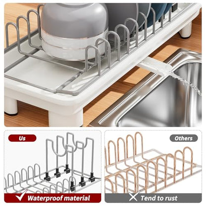 Small Dish Drying Rack, Stainless Steel with Drain Board & Utensil Holder - color: White
