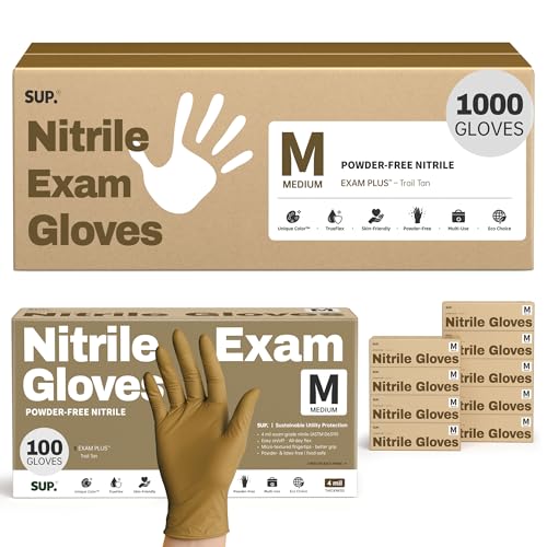 SUP Powder-Free Nitrile Exam Gloves, 100/1000 Ct Food Safe Latex-Free Disposable Glove Medical Cooking Cleaning Food Prep Tan - color: Medium (Trail Tan 1000)