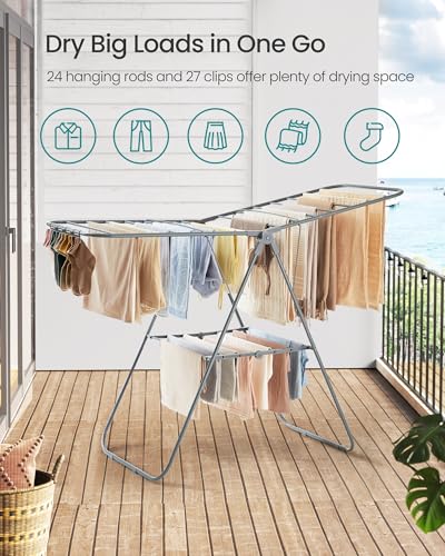 SONGMICS Clothes Drying Rack, Foldable Space-Saving Laundry Drying Rack - color: Gray, size: 1 Tier （21.7"d x 58.3"w x 39.4"h）