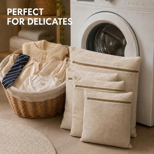 100% Cotton Mesh Laundry Bags for Delicates, Set of 4 Multi Size (S M L XL), Wash Bags with Protective Zipper Cover, Reusable for Clothes, Lingerie & Underwear
