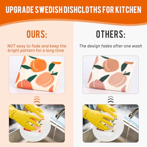 Lucomb 10 Pack Swedish Dishcloths with Hanging Clips, Reusable Swedish Dish Towels Biodegradable Cellulose Cleaning Cloths Washable Dish Wipes for Kitchen Home Office(Quick Drying & Super Absorb) - color: Peach Prints