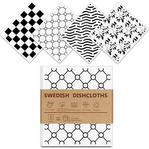 Swedish Dishclothsfor Kitchen, 4 Pack, Reusable, Super Absorbent - color: Geometric