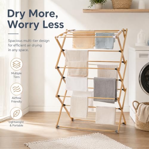 Foldable&Dismountable 3-Tier Bamboo Clothes Drying Rack, Multi-Tier Collapsible Laundry Hanger, Space Saving Garment Stand for Indoor Outdoor Balcony Bathroom. (Original, 28" D X 15" W X 39.3" H)