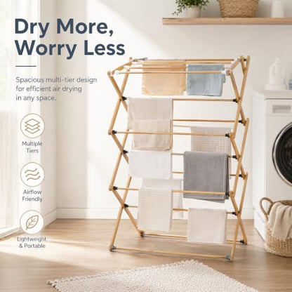 Foldable&Dismountable 3-Tier Bamboo Clothes Drying Rack, Multi-Tier Collapsible Laundry Hanger, Space Saving Garment Stand for Indoor Outdoor Balcony Bathroom. (Original, 28" D X 15" W X 39.3" H)