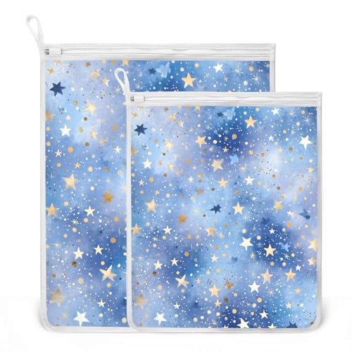 Mesh Laundry Bags Lingerie Bags for Washing Delicates 2 PCS Durable Wash Bag with Zipper Small and Medium Washable Blue Romantic Golden Stars - color: Blue Romantic Golden Stars