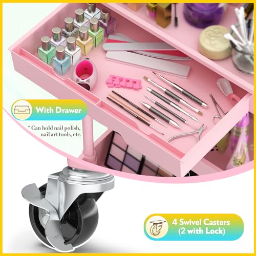 SUNALLY Makeup Cart Organizer with Drawer, 4 Tier Rolling Makeup Cart, Pink - color: Pink, size: 4 Tier
