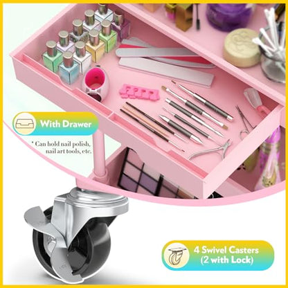 SUNALLY Makeup Cart Organizer with Drawer, 4 Tier Rolling Makeup Cart, Pink - color: Pink, size: 4 Tier