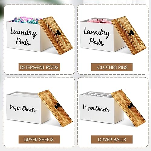 Dandat 2 Pcs Wood Rustic Laundry Dryer Sheet Holder Pod Container with Lid 8.7 x 6.3 x 6.4 Inch Laundry Pod Holder 7.3 x 3.7 x 5 Inch Dryer Sheet Dispenser Wooden Box Container(White) - color: White