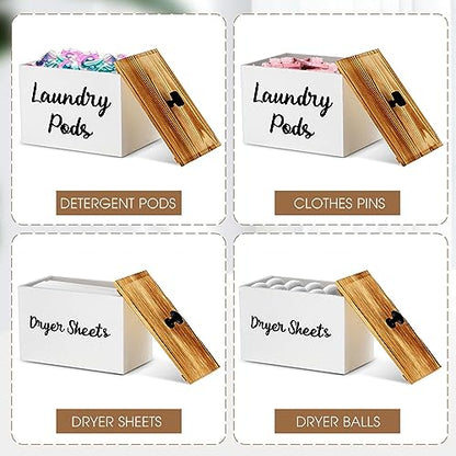 Dandat 2 Pcs Wood Rustic Laundry Dryer Sheet Holder Pod Container with Lid 8.7 x 6.3 x 6.4 Inch Laundry Pod Holder 7.3 x 3.7 x 5 Inch Dryer Sheet Dispenser Wooden Box Container(White) - color: White