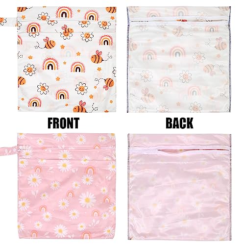 2pcs Travel Waterproof Laundry Bag, Cloth Diaper Wet Dry Bags with Handle & 2 Zipper Pockets, Reusable Washable Dirty Clothes Bag for Baby Adult Travelling Hanging, Bathing Beach Pool Daycare - color: Cartoon 1 White + Pink