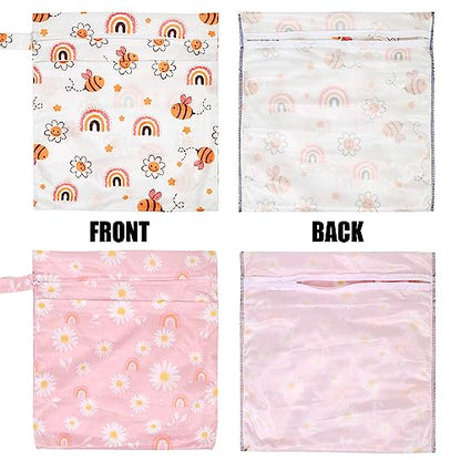2pcs Travel Waterproof Laundry Bag, Cloth Diaper Wet Dry Bags with Handle & 2 Zipper Pockets, Reusable Washable Dirty Clothes Bag for Baby Adult Travelling Hanging, Bathing Beach Pool Daycare - color: Cartoon 1 White + Pink