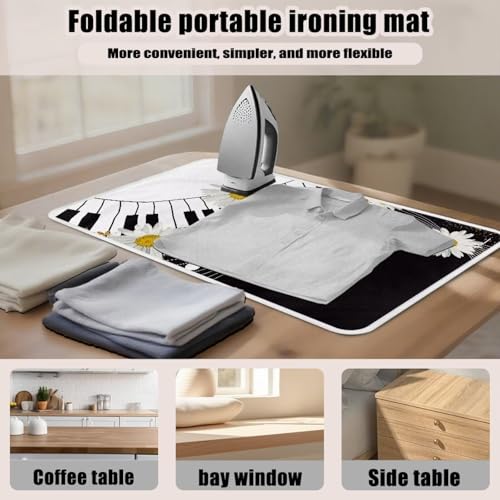Music Ironing Pad Ironing Blanket Thick Travel Iron Pad Heat Resistant Ironing Board Cover for Table Top, Washer, Dryer,32 x 16 Inch Ironing Mats,Black Piano Daisy - color: Piano Muisc Daisy