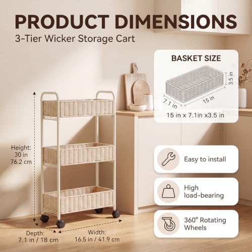 FOCHIER F Utility Slim Storage Cart,3-Tier Rolling Kitchen Office Laundry Room Cart with Wheels,Mobile Shelving Unit Organizer for Living Room,Bathroom, Baby Diaper,Art,Dining Room Narrow Places - color: White Wash