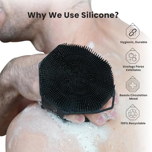 iTokGoK® Premium Silver-Infused Dual-Sided Design 2-in-1 Silicone Body Scrubber for Shower,Body Brush Buffer Scrubber for Men and Women for All Skin, Ergonomic No-Slip Handle, Easy to Clean - Black - color: Black