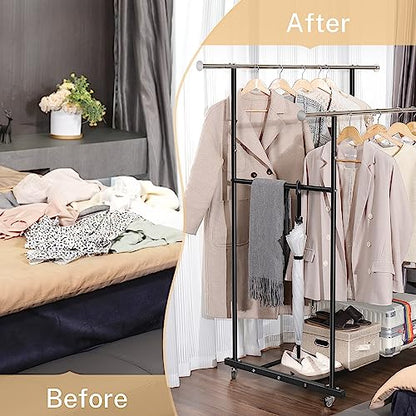 VICERII Clothes Rack, Double Clothing Rack with Wheels and Extra Wide Bottom Shelf, 52.36’’ Heavy Duty Garment Racks for Hanging Clothes, Coats, Shirts, Skirts, Dresses, 130LB Capacity, Black - color: Matte Black, size: Double