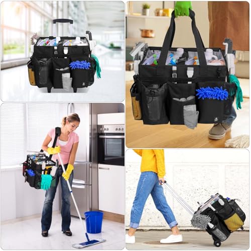 Rolling Cleaning Caddy Bag Built-in Hard Plastic Sheet Detachable Trolley - color: Black