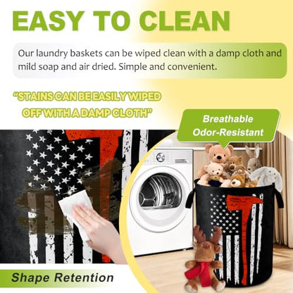 American Flag Red Line Ax Laundry Basket Foldable Waterproof 18.9x16.5 Inch - color: American Flag Red Line Ax