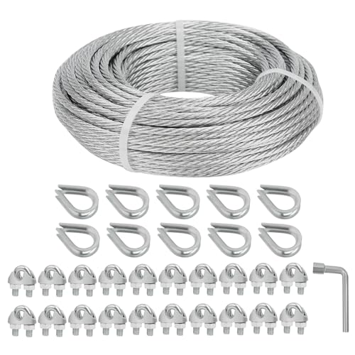 3/16 Galvanized Wire Rope, 100ft Galvanized Steel Cable 3/16 Inch, 7X7 Strands Core Aircraft Cable with 3/16 Rope Clamps, Thimbles, for Anchored Shed, Clothesline, Lights Hanging, Yard Zipline - size: 5mm, style: 100FT
