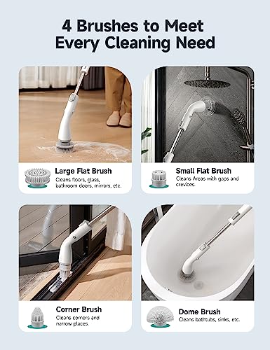 HiCOZY Electric Spin Scrubber HS1, Cordless Shower Scrubber for Cleaning with 4 Replaceable Brush Heads Adjustable Extension Handle, IPX7 Waterproof Cleaning Brush for Bathroom Floor White