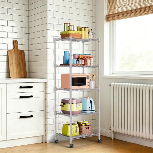 REGILLER 5-Wire Shelving Metal Storage Rack Adjustable Shelves,Standing Storage Shelf Units for Laundry Bathroom Kitchen Pantry Closet(Silver,11.8" D x 16.6" W x 53.5" H,With Wheels) - color: Silver, size: With Wheels 5tier 11.8"D x 16.6"W x 53.5"H