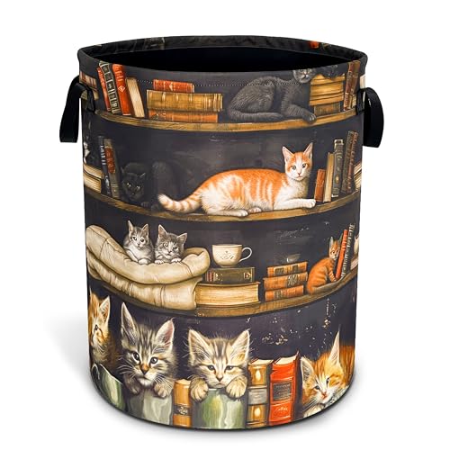 Cat On The Bookshelf Laundry Basket Foldable Waterproof Hamper 18.9x16.5 In - color: Cat On The Bookshelf