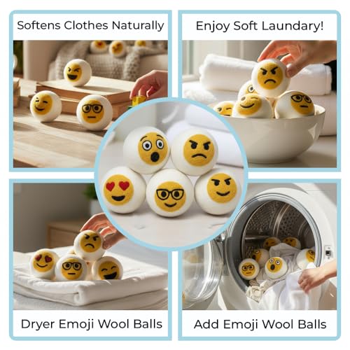 Ezhippie Quality Wool Dryer Balls - 6 XL Emoji Pack - 1000+ Loads - Pure Organic Wool - Reusable Natural Fabric Softener Perfect with Essential Oils, Reduce Clothing Static and Wrinkles - color: Six Emoji Balls