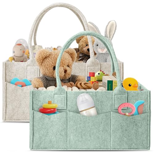 HIPHOP PANDA 2-Pack Diaper Caddy Organizer - Nursery Storage Bin & Car Organizer for Diapers, Wipes, and Baby Essentials - Dual-Color Solid Set (Green/Oatmeal), Regular Size - color: Green and Oatmeal, size: Regular