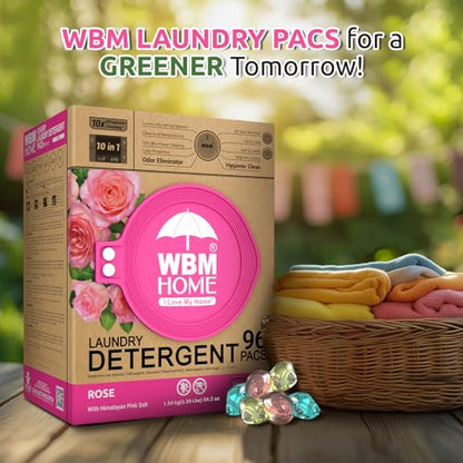 WBM Home 10-in-1 Laundry Pods, Total 96 Count, Ultra Concentrate with Powerful Stain Lifter Technology, Fabric Softener With Rose Extracts, Detergent Pods - size: 96 Count (Pack of 1)