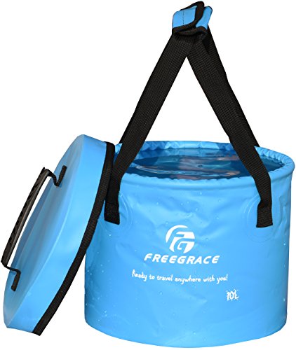 Freegrace Collapsible Water Bucket with Lid 10L Portable Camping Wash Basin - color: Sky Blue, size: 10L