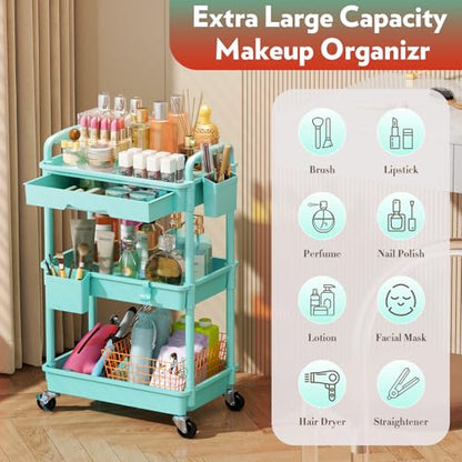 SUNALLY Makeup Cart Organizer with Drawer, 3 Tier Rolling Makeup Cart, Blue - color: Blue, size: 3 Tier