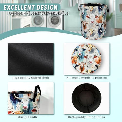 Watercolor Cows Laundry Basket Foldable Oxford Cloth Hamper 18.9"x16.5" - color: Watercolor Cows Animals Pattern