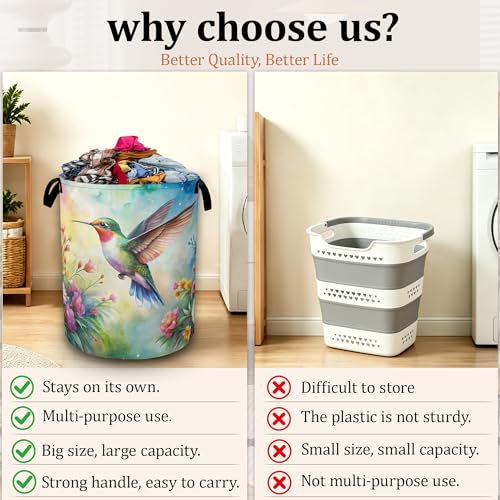 Hummingbird Flowers Collapsible Laundry Basket with Handles, Large Capacity Clothes Hamper, Waterproof Oxford Cloth Storage Basket for Laundry Room Bathroom - color: Hummingbird Flowers