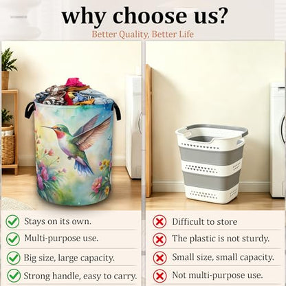Hummingbird Flowers Collapsible Laundry Basket with Handles, Large Capacity Clothes Hamper, Waterproof Oxford Cloth Storage Basket for Laundry Room Bathroom - color: Hummingbird Flowers