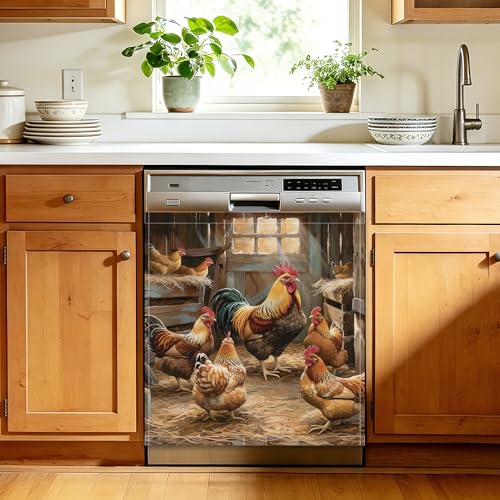 Vintage Farmhouse Rooster Dishwasher Magnet Cover, 23 x 26 Inch Magnetic Front Panel for Dishwasher, Reusable Trimmable Kitchen Decor for Refrigerator Door - color: Vintage Farmhouse Rooster