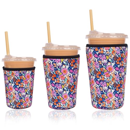 Reusable Insulated Neoprene Iced Coffee Cup Sleeve, Durable Drink Sleeve for Cold Beverages, Beverage Holder for Iced Coffee (Bloom Frenzy) - color: Bloom Frenzy