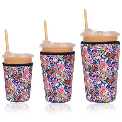 Reusable Insulated Neoprene Iced Coffee Cup Sleeve, Durable Drink Sleeve for Cold Beverages, Beverage Holder for Iced Coffee (Bloom Frenzy) - color: Bloom Frenzy