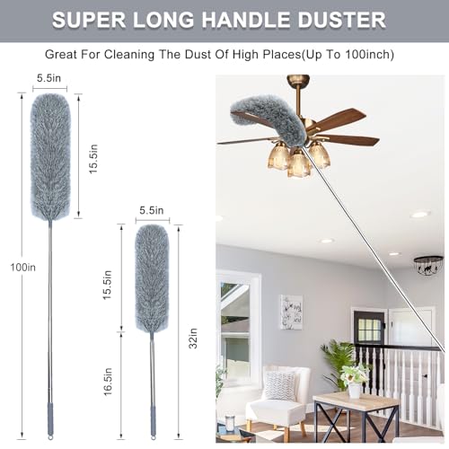 Microfiber Feather Duster with Extendable Pole, 100-inch Extra-Long Dusters Telescoping Cobweb Duster for Cleaning, Bendable and Washable Microfiber Head, Duster for High Ceiling, Fan, Furniture