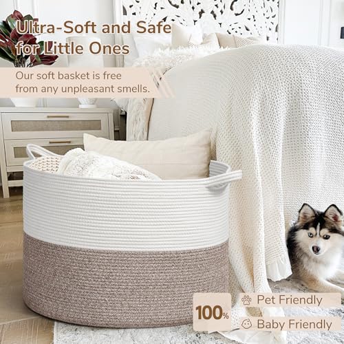 INDRESSME 115L Extra Large Woven Rope Blanket Basket Living Room, Brown - color: White & Brown, size: 23.6"D x 15.7"H