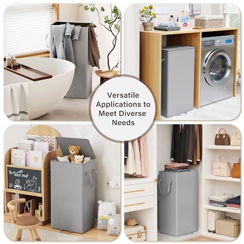 Criusia Laundry Hamper with Lid and Foot Pedal, 100L Fabric Laundry Basket with Removable Mesh Bag, Slim Foldable Design for Bathroom and Laundry Room (Gery)