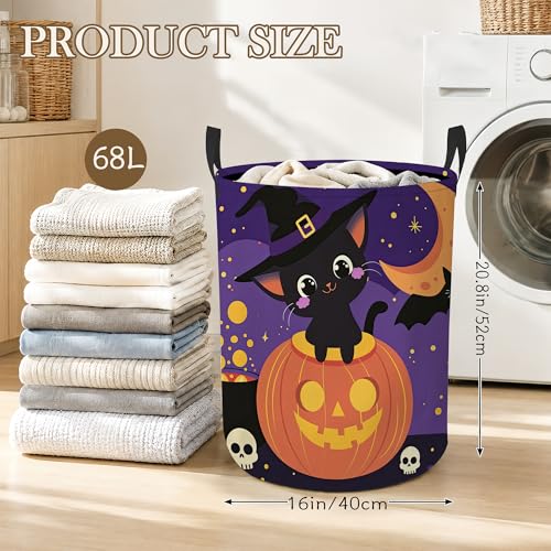 Laundry Hamper, Halloween Cat Collapsible Pumpkin Bat Laundry Baskets Waterproof Oxford Cloth With Handles, Clothes Storage Bucket For Bathroom/Bedroom 16" x 20.8" - color: Halloween Cat