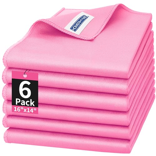 Microfiber Cleaning Cloth - 6 Pack Glasses Cleaning Cloth, 16" x 14" Window Cleaning Rags, Streak Free Lint Free Polishing Cloths Wipes for Eye Glass, Stainless Steel, Windshield, Pink - color: Pink, size: 16" x 14"