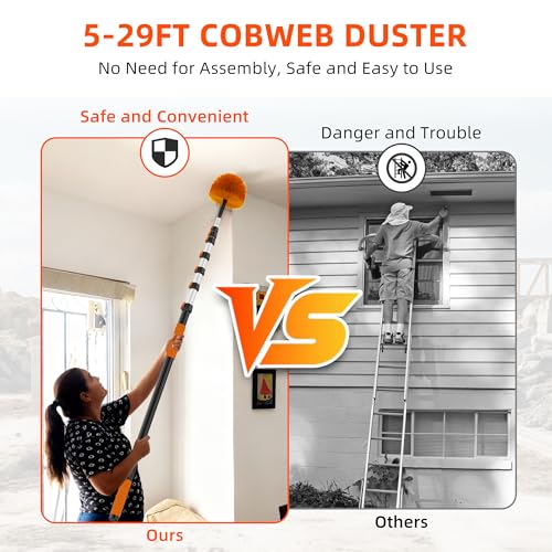 35 FT Reach Cobweb Duster with 5-29FT Telescoping Pole, Dual Action Flip-Lock & Screw Fixing Design, Washable Reusable Duster for High Ceilings, Fans & Home Cleaning - size: 5-29FT